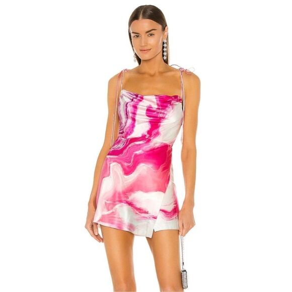 Retrofête Ariella Mini Dress in Marble Hot Pink White Silk Satin - Picture 1 of 8